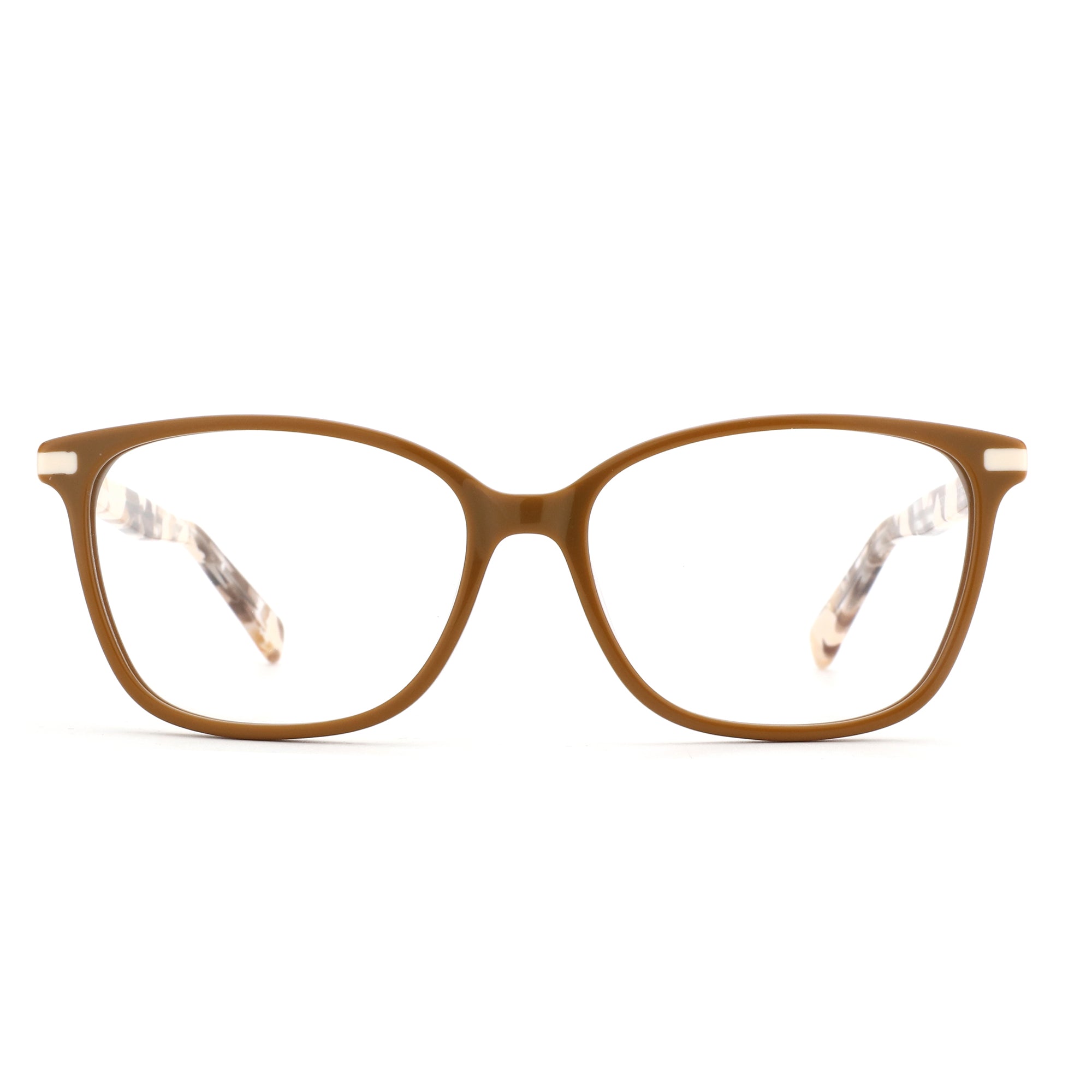 Brown acetate square eyeglasses by ZENOTTIC with clear lenses and marbled temples.