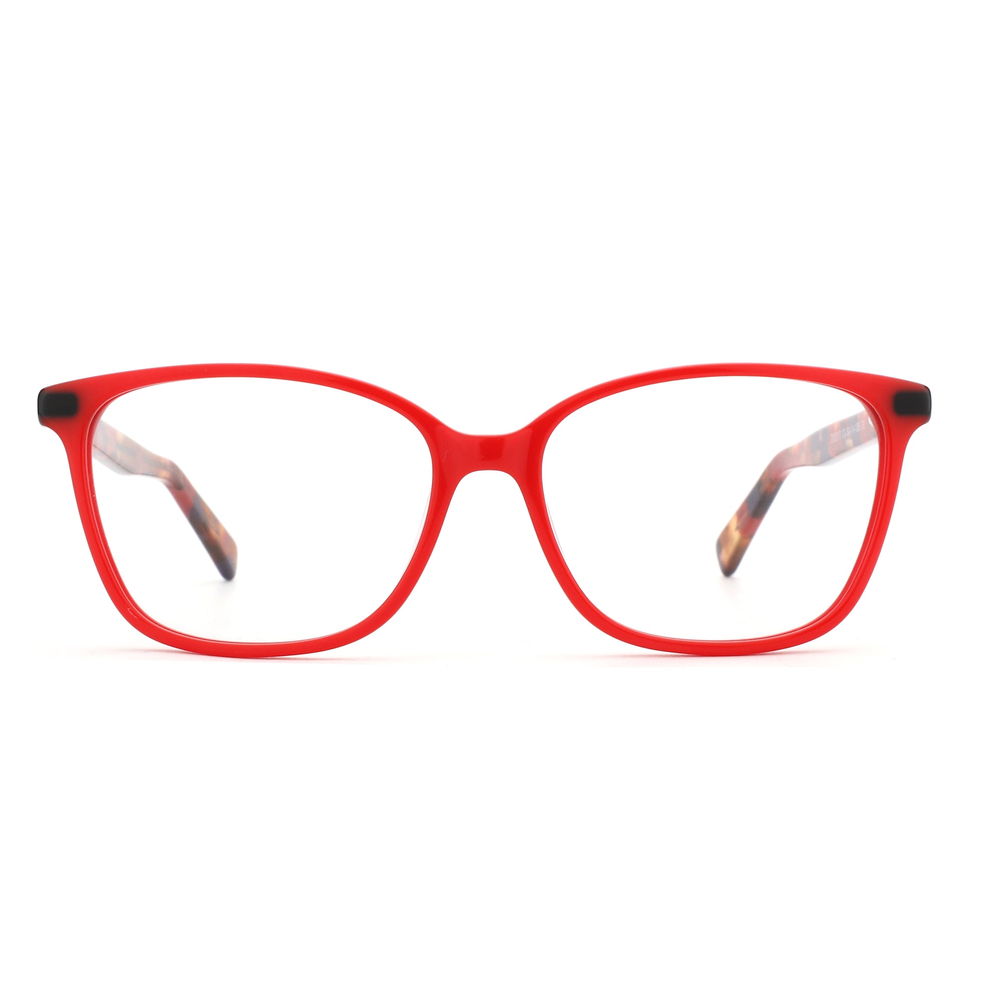 Red square acetate ZENOTTIC Echo eyeglasses with tortoiseshell patterned temples.