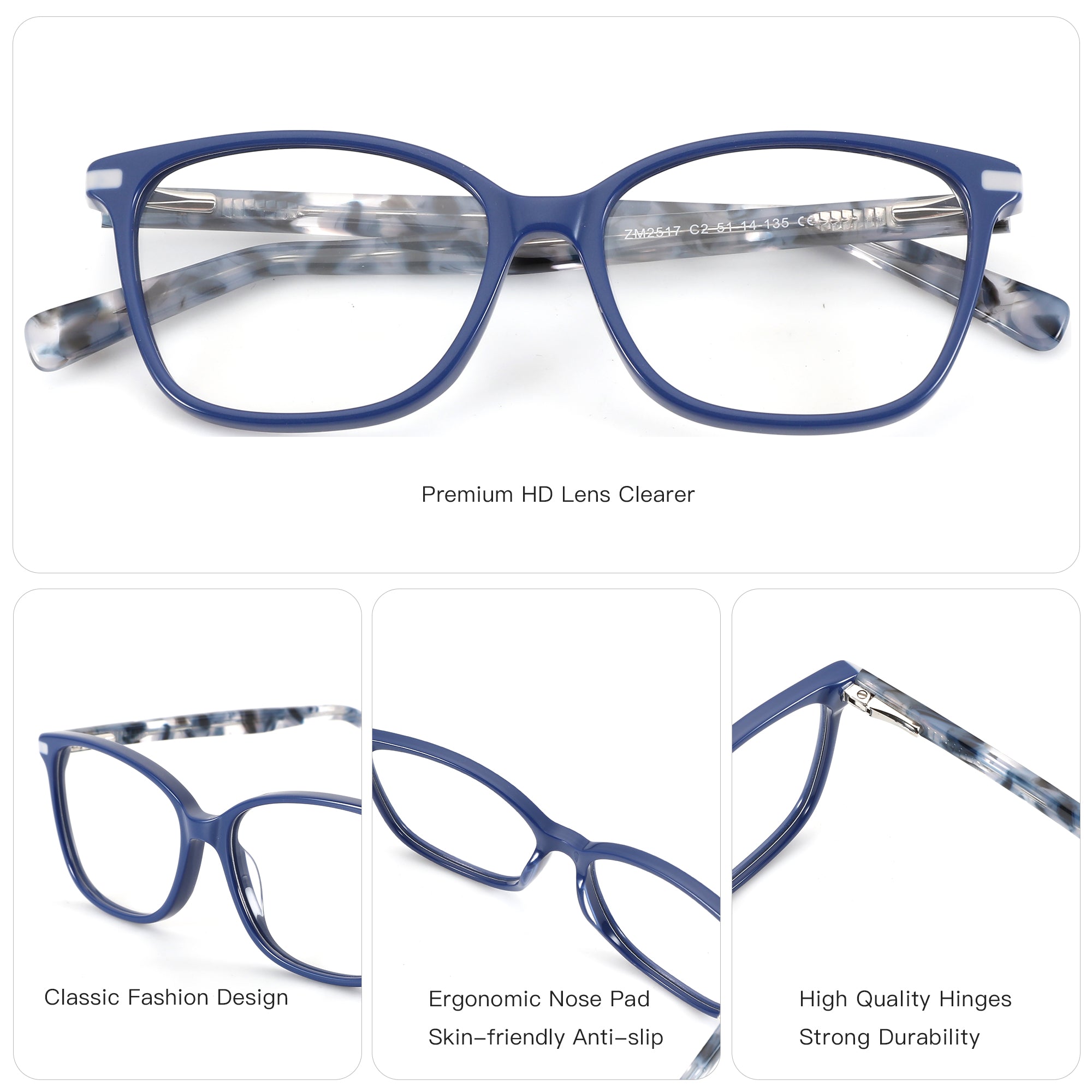 Zenottic Echo blue acetate square eyeglasses with tortoiseshell temples and clear demo lenses.