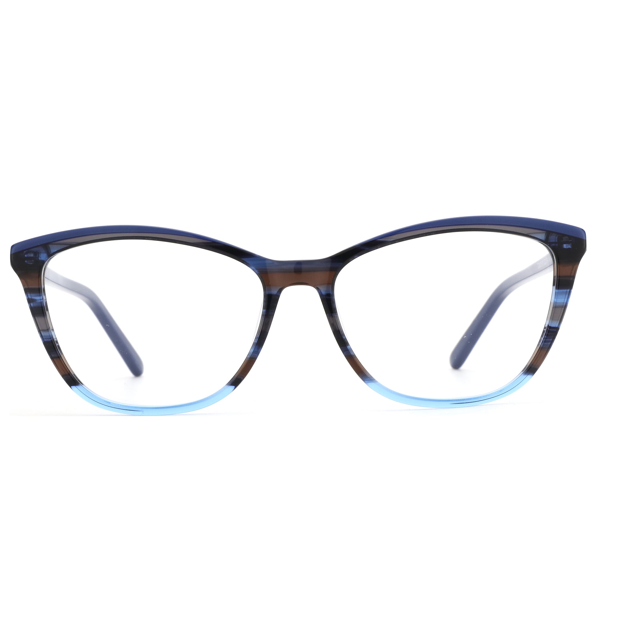 Zenottic Sphinx eyeglasses with blue and brown striped acetate square frame.