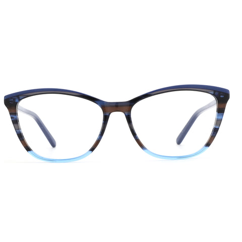 Zenottic Sphinx eyeglasses with blue and brown striped acetate square frame.