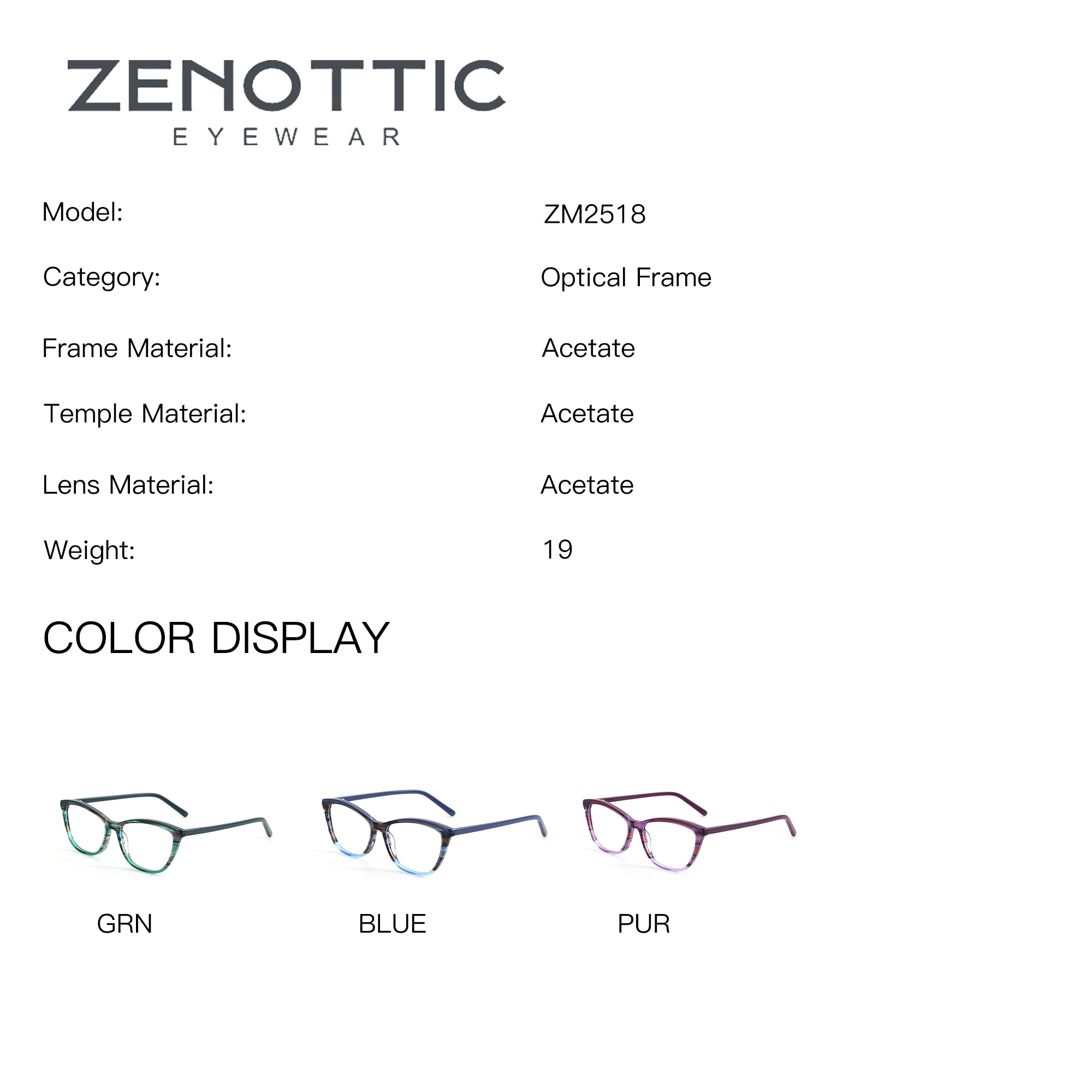 ZENOTTIC Sphinx ZM2518 acetate optical frames in green, blue, and purple color options.