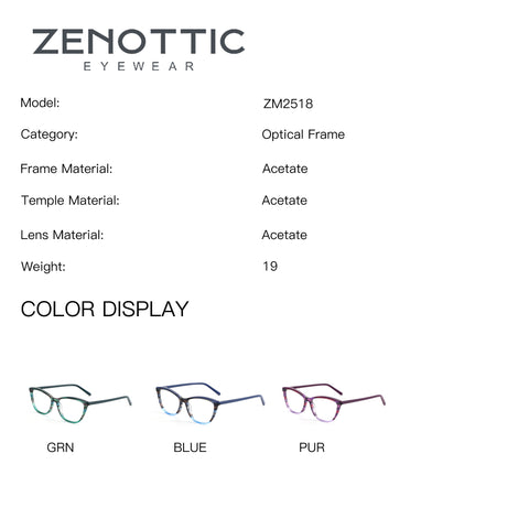 ZENOTTIC Sphinx ZM2518 acetate optical frames in green, blue, and purple color options.