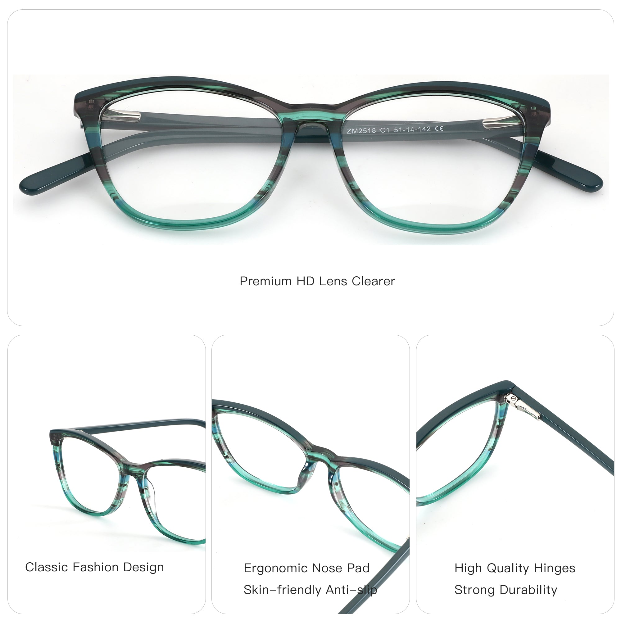 Zenottic Sphinx eyeglasses: Marbled teal acetate square frame, clear lenses, model ZM2518.