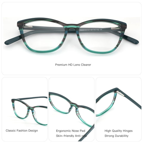 Zenottic Sphinx eyeglasses: Marbled teal acetate square frame, clear lenses, model ZM2518.