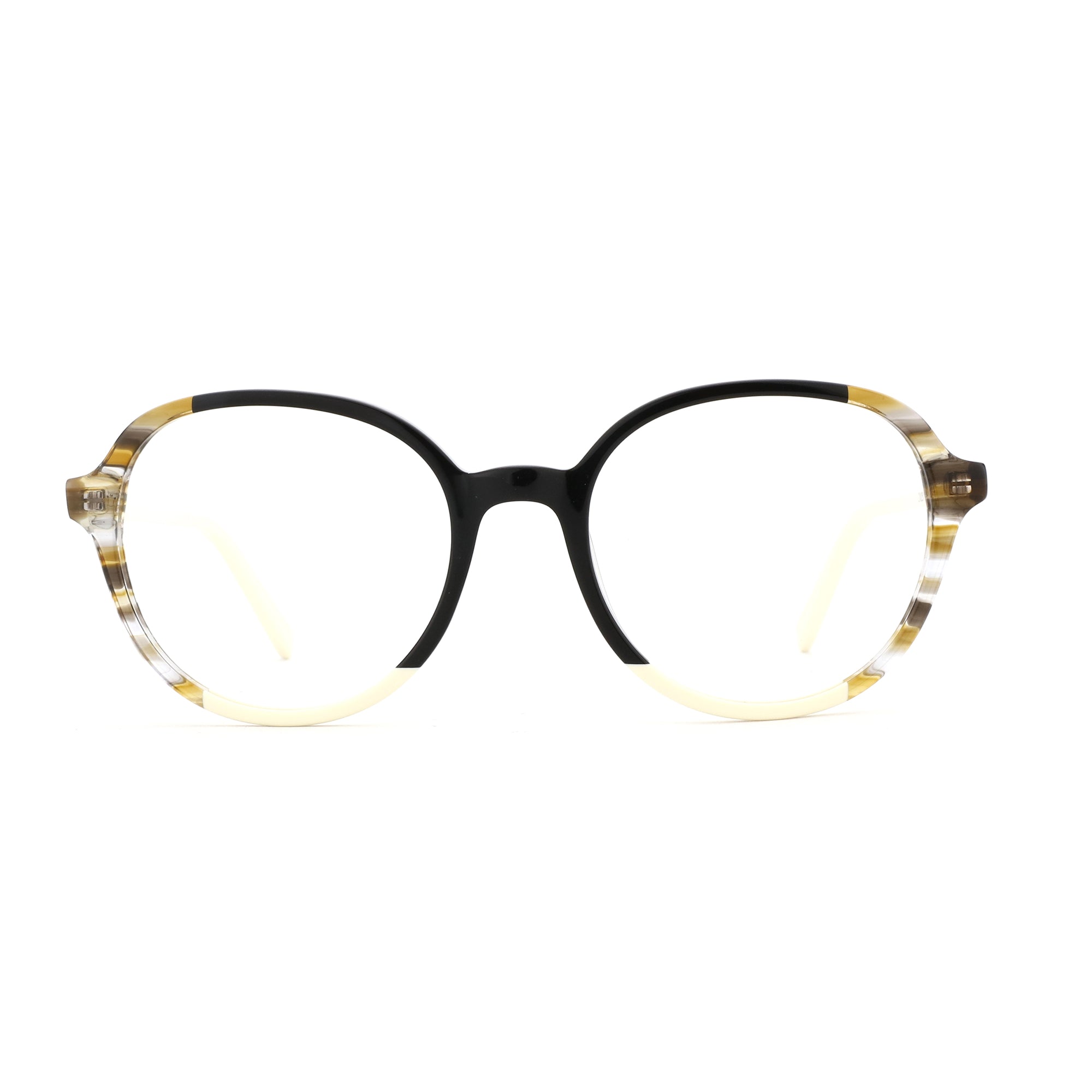 Zenottic Miraitowa round acetate eyeglasses, black top rim, striped acetate frame.
