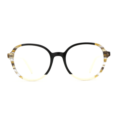 Zenottic Miraitowa round acetate eyeglasses, black top rim, striped acetate frame.