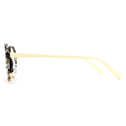 Zenottic Miraitowa eyeglasses: tortoiseshell acetate round frame, cream temple arm, side view.