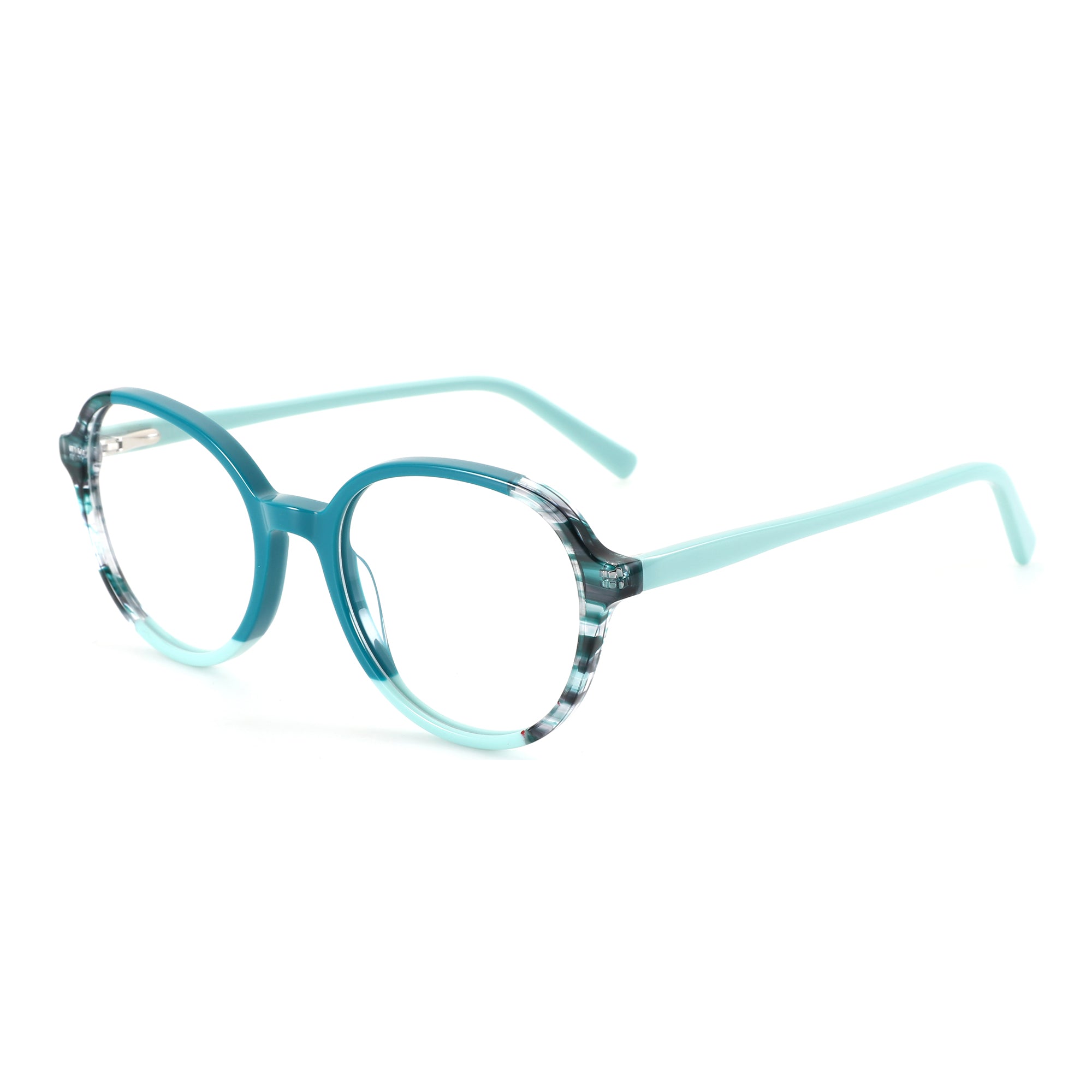 Zenottic Miraitowa round eyeglasses: teal, light blue, marbled acetate frame.