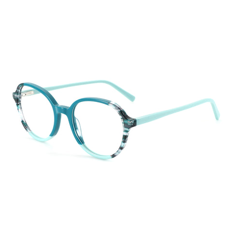 Zenottic Miraitowa round eyeglasses: teal, light blue, marbled acetate frame.