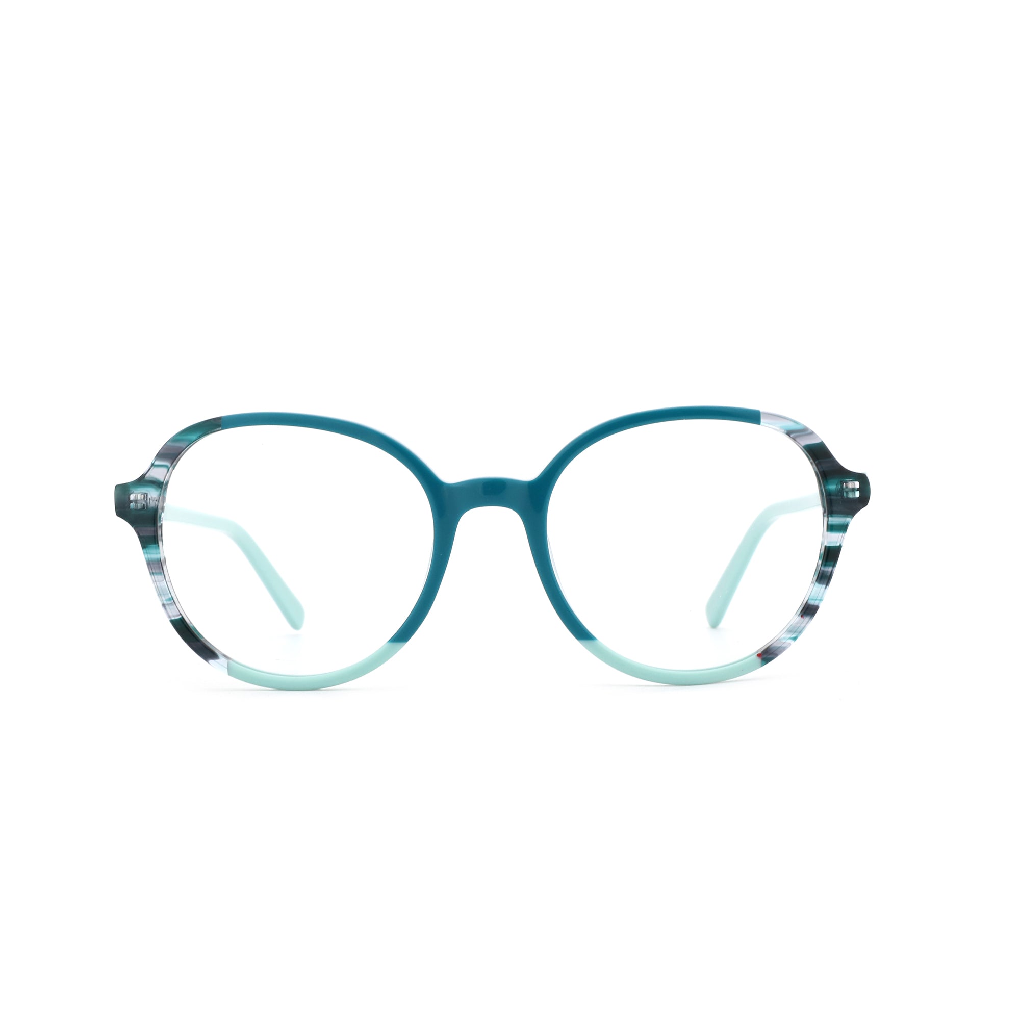 ZENOTTIC Miraitowa round acetate eyeglasses, teal frame with striped pattern and mint green.