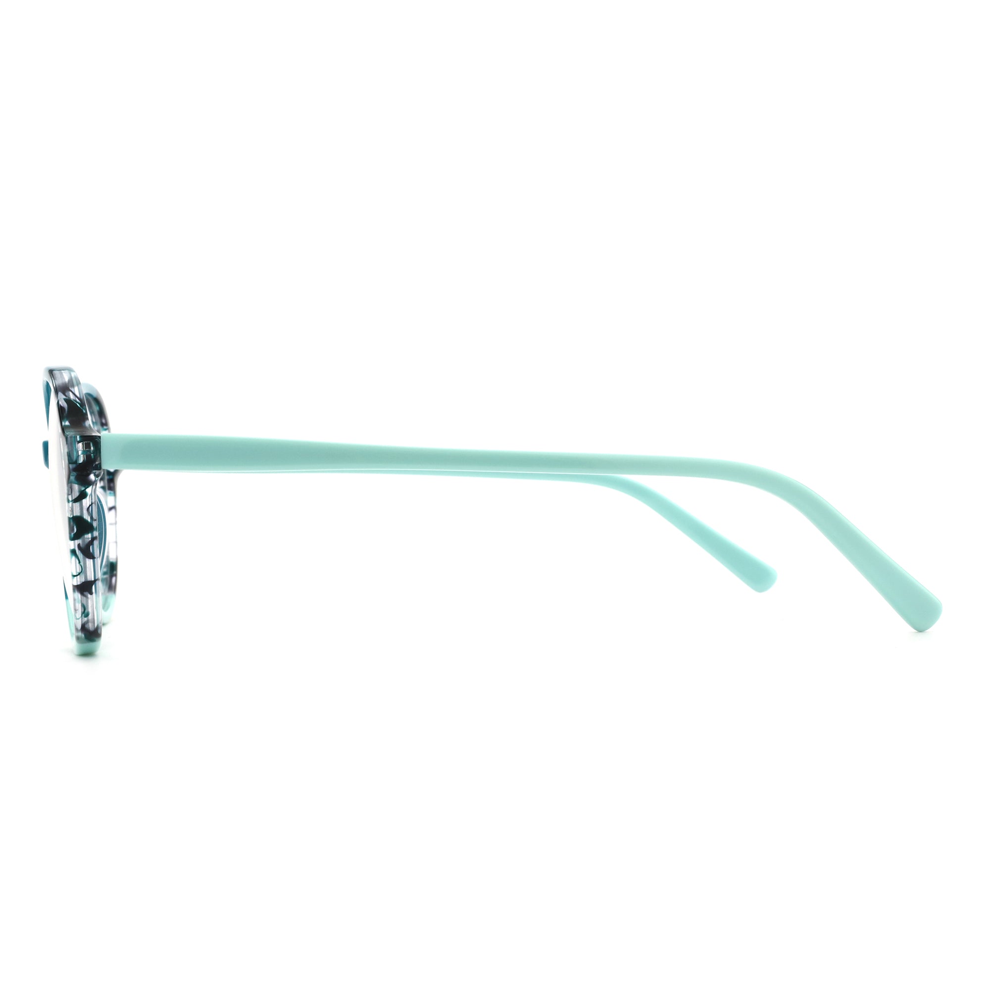 Zenottic Miraitowa round eyeglasses with patterned acetate frame and light blue temple.