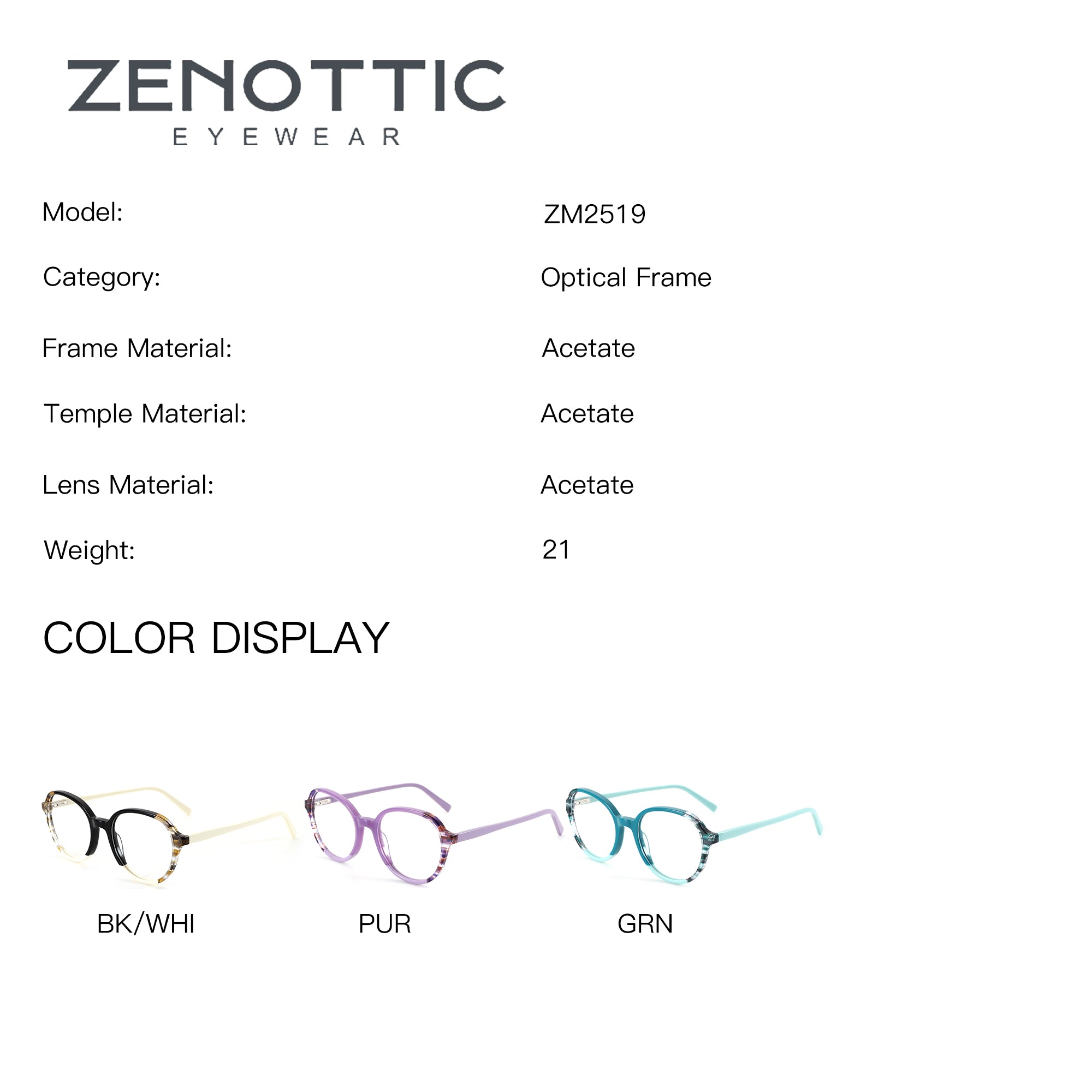 ZENOTTIC ZM2519 round acetate optical frames in BK/WHI, PUR, and GRN color options.