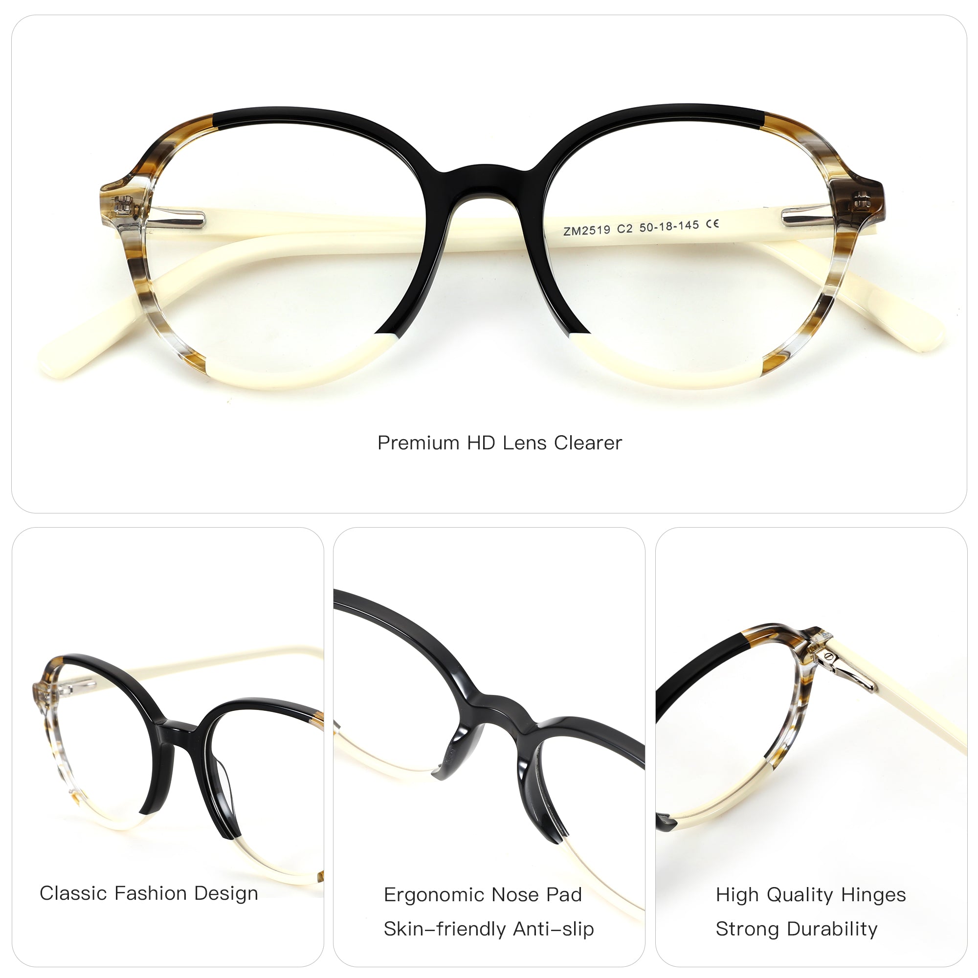 ZENOTTIC Miraitowa round acetate eyeglasses: black/tortoise frame, cream temples, clear.