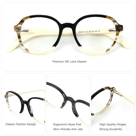 ZENOTTIC Miraitowa round acetate eyeglasses: black/tortoise frame, cream temples, clear.