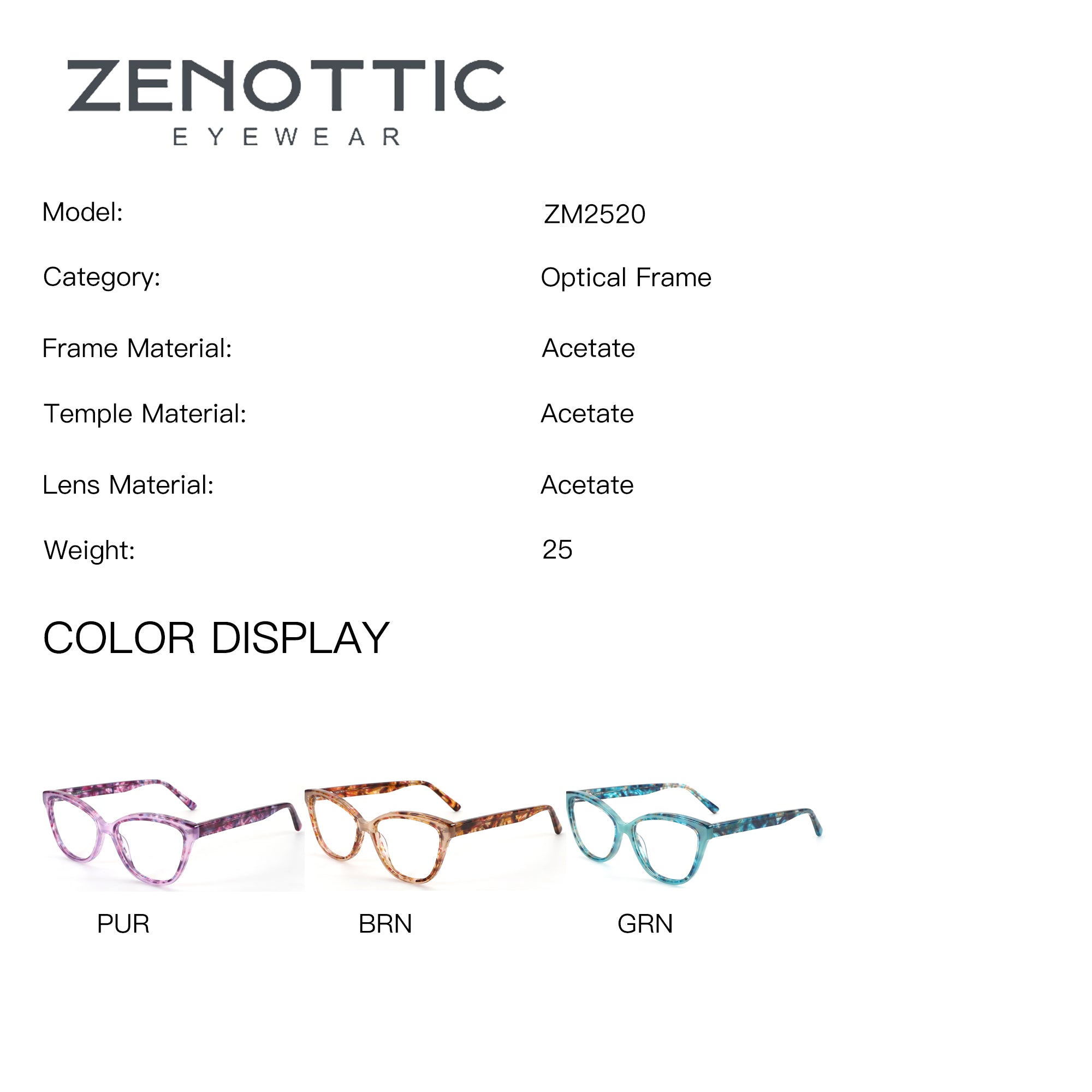 Zenottic Ustinian cat eye acetate eyeglasses in purple, brown, green colors.
