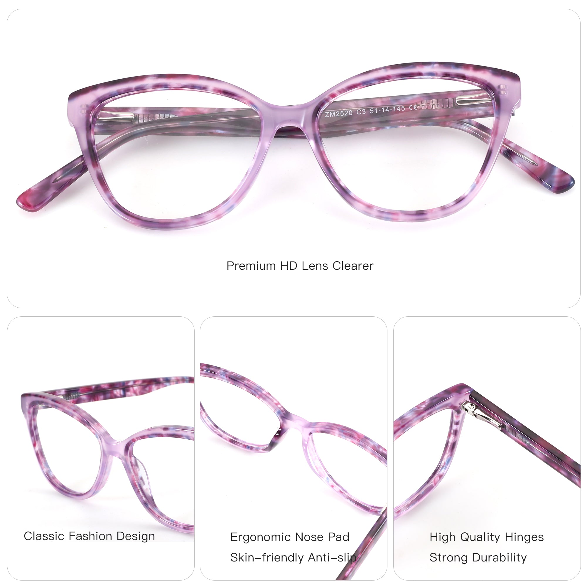 ZENOTTIC Ustinian marbled purple cat-eye women's acetate glasses frame.
