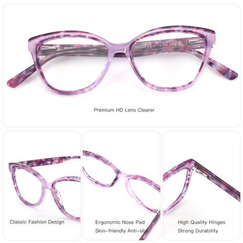 ZENOTTIC Ustinian marbled purple cat-eye women's acetate glasses frame.