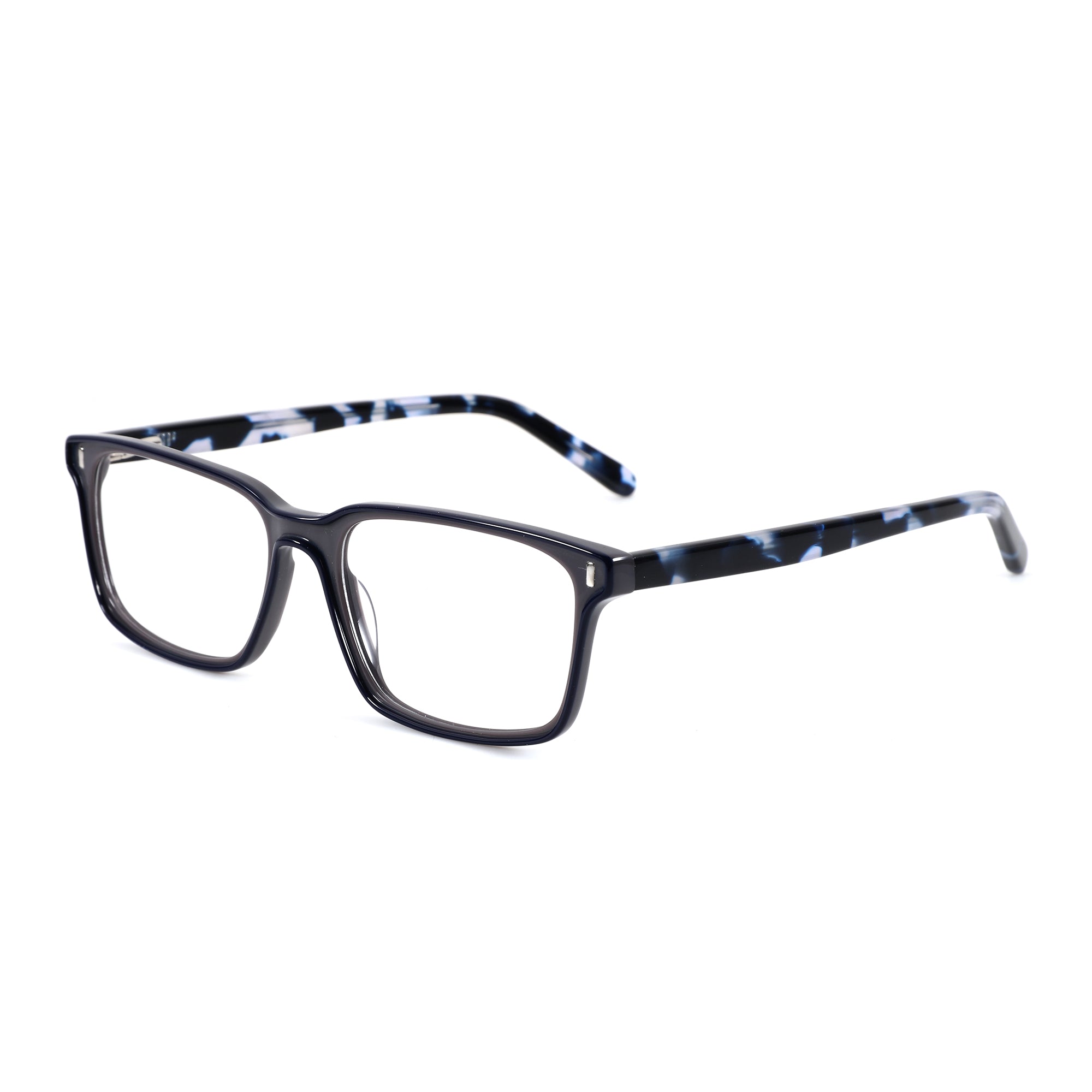 Zenottic Belmode eyeglasses: black acetate square frame, blue marbled temples.