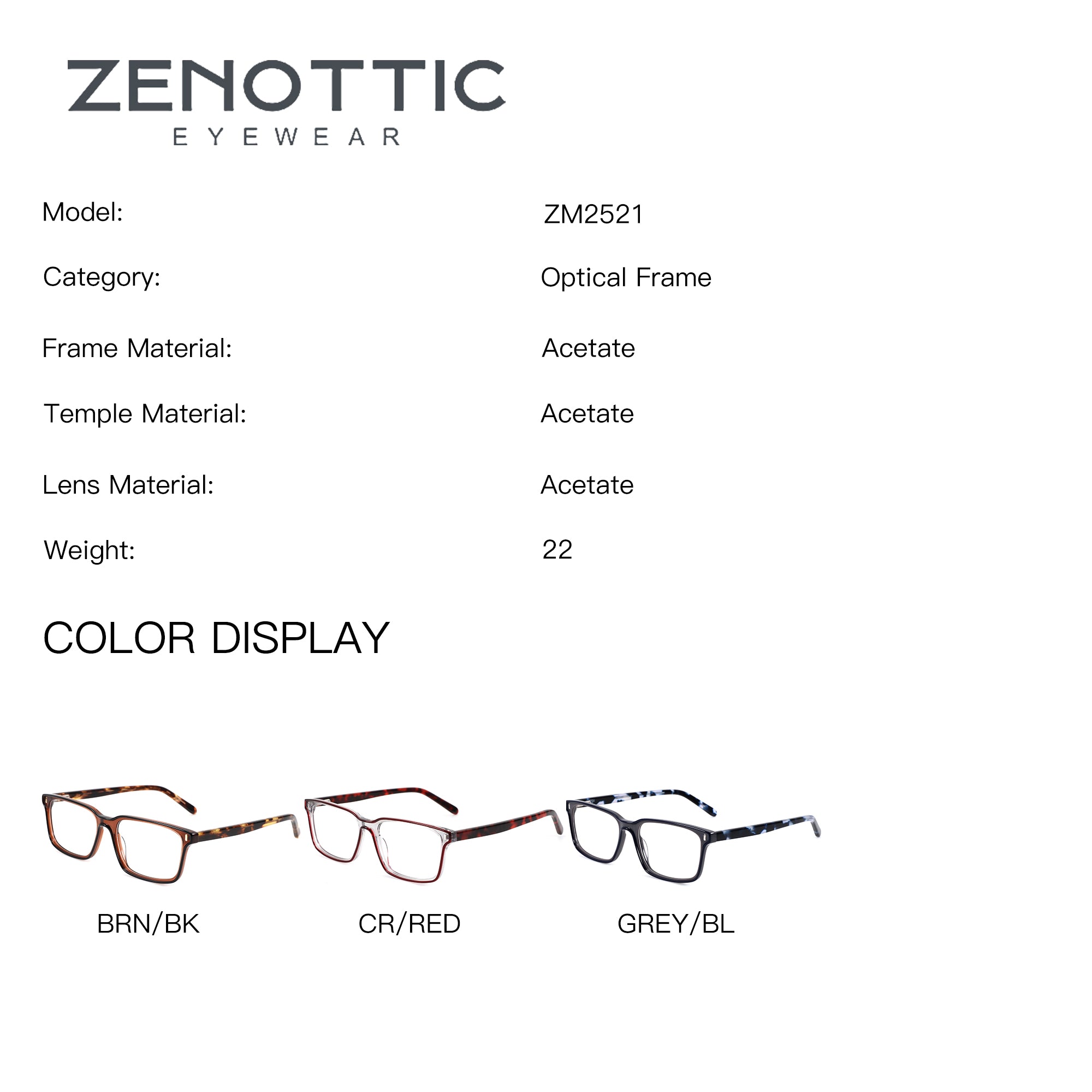 Zenottic Belmode ZM2521 acetate optical frames: BRN/BK, CR/RED, GREY/BL color display.