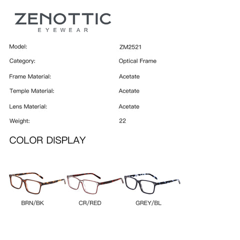 Zenottic Belmode ZM2521 acetate optical frames: BRN/BK, CR/RED, GREY/BL color display.
