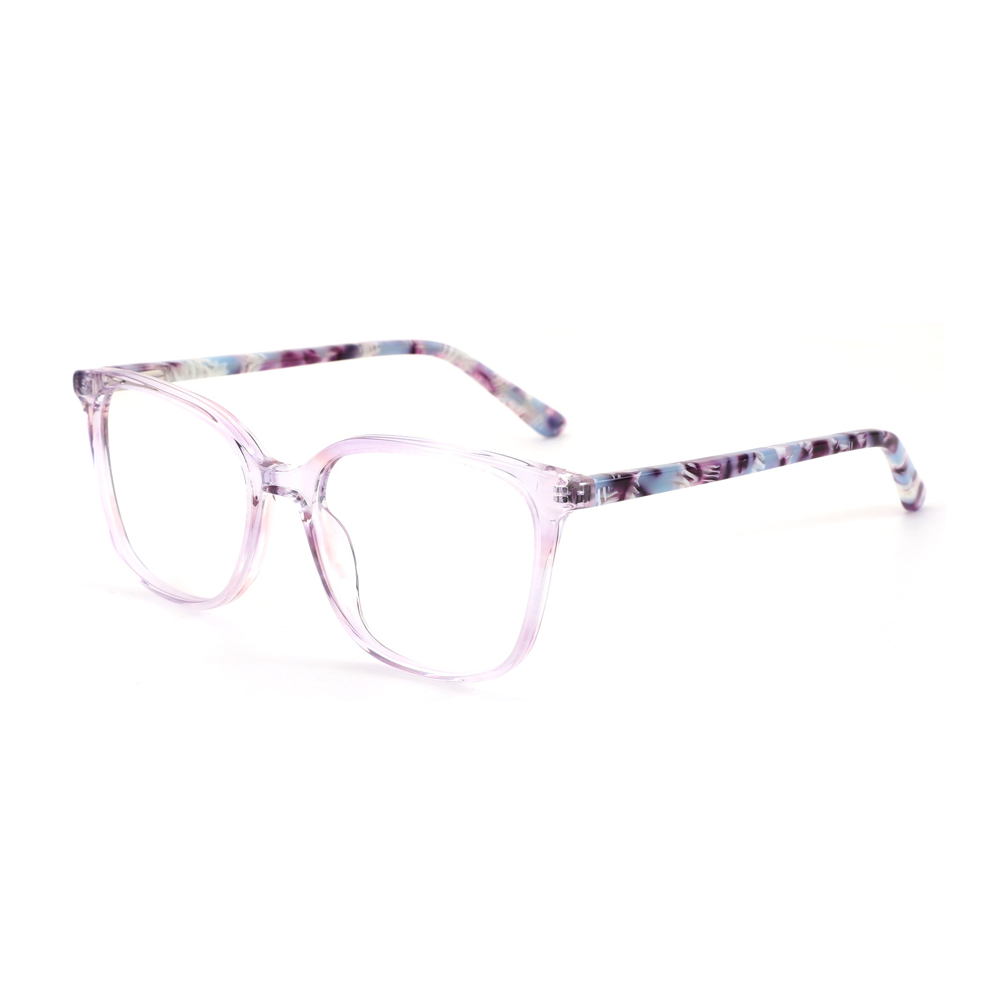 Zenottic Poundba eyeglasses: clear square acetate frame with purple, blue, and white patterned temples.