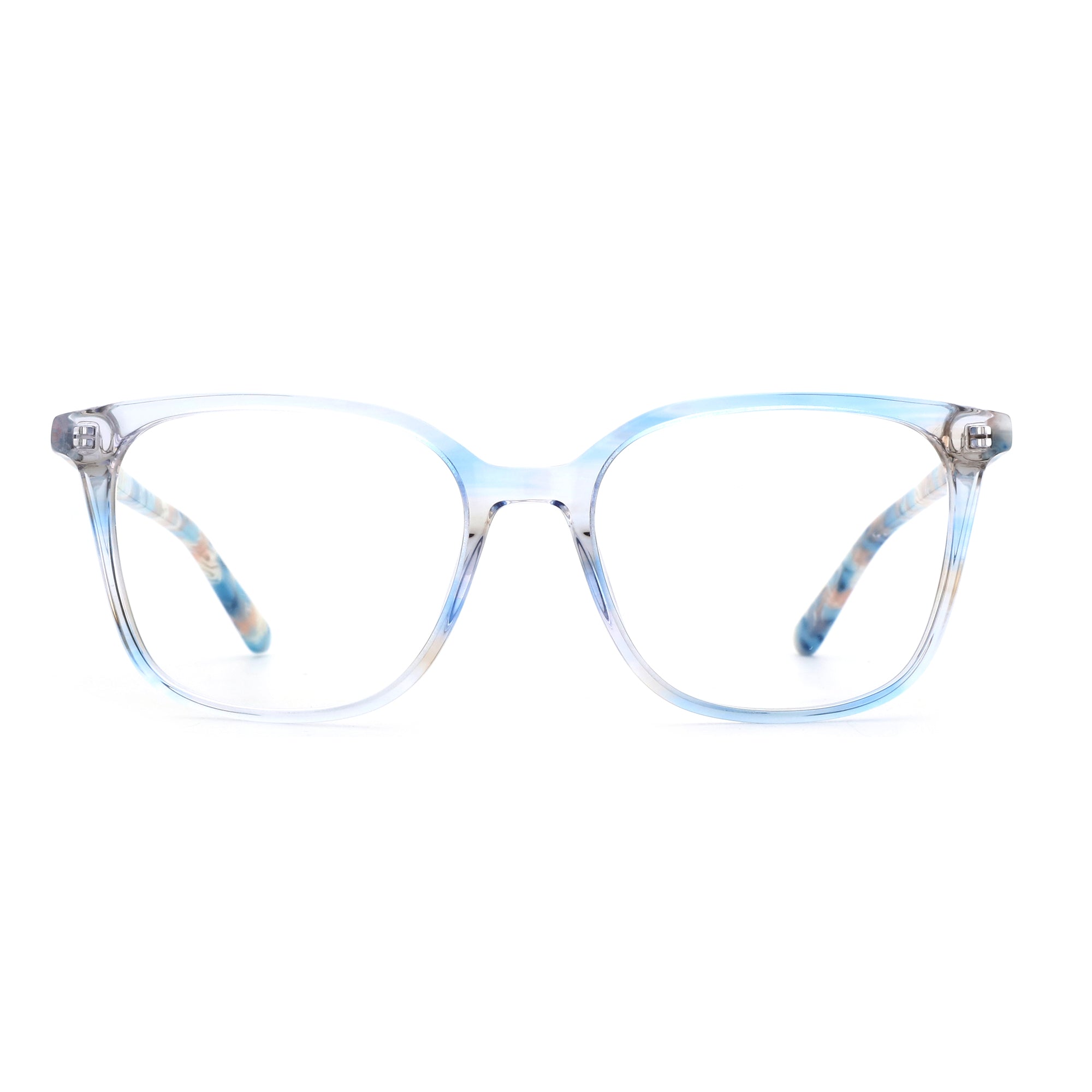 ZENOTTIC Poundba square acetate eyeglasses with blue translucent frame and colorful patterned temples.