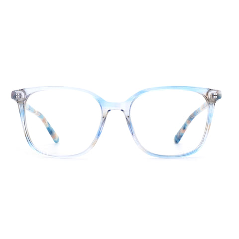 ZENOTTIC Poundba square acetate eyeglasses with blue translucent frame and colorful patterned temples.