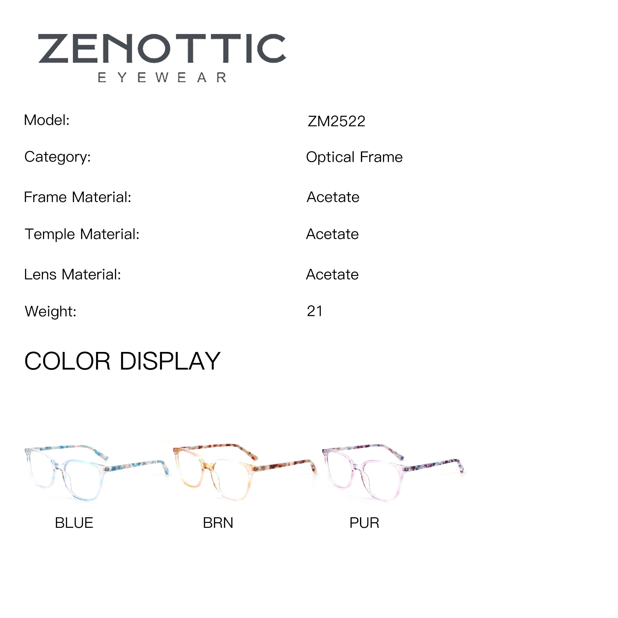 ZENOTTIC ZM2522 acetate square eyeglasses in blue, brown, and purple