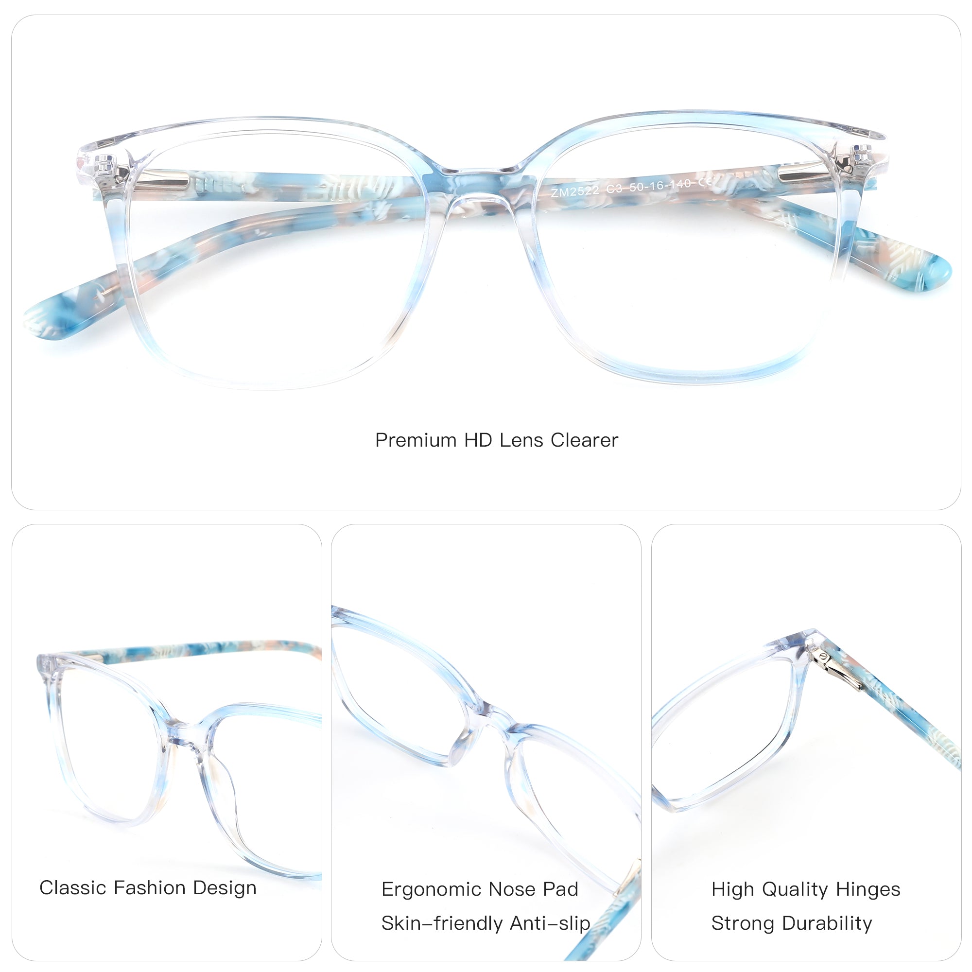 ZENOTTIC Poundba square acetate non-prescription eyeglasses, marbled blue pattern.
