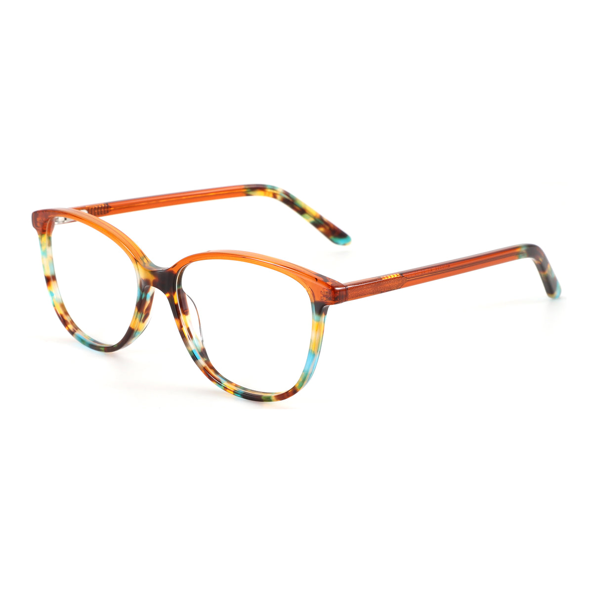 Zenottic Shmily round eyeglasses, acetate frame with orange front and multicolor marbled pattern.