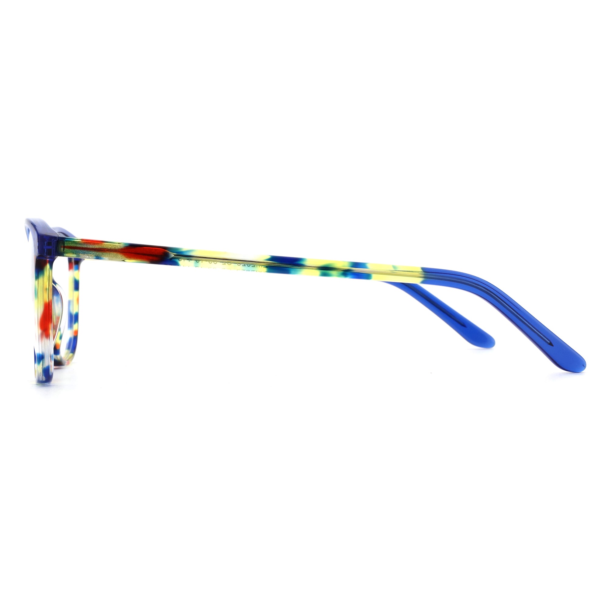 ZENOTTIC Shmily eyeglasses: multicolor abstract acetate frame, solid blue temples.