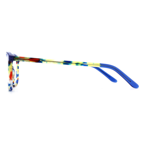 ZENOTTIC Shmily eyeglasses: multicolor abstract acetate frame, solid blue temples.