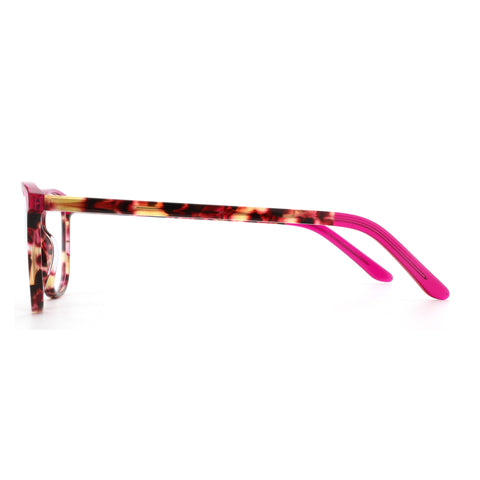 ZENOTTIC Shmily round eyeglasses: tortoiseshell acetate frame with bright pink temples.