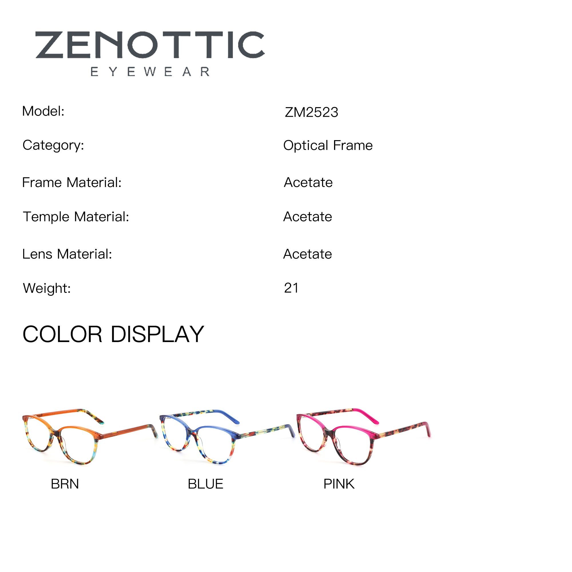 ZENOTTIC Shmily ZM2523 acetate eyeglasses display in BRN, BLUE, PINK colors.