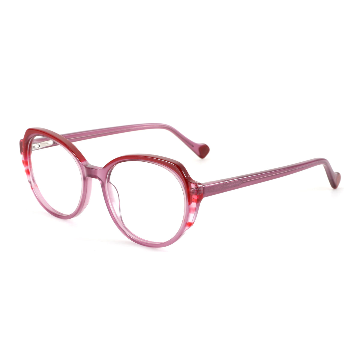 Zenottic Senorita eyeglasses in pink/purple acetate, geometric frame with red rim.
