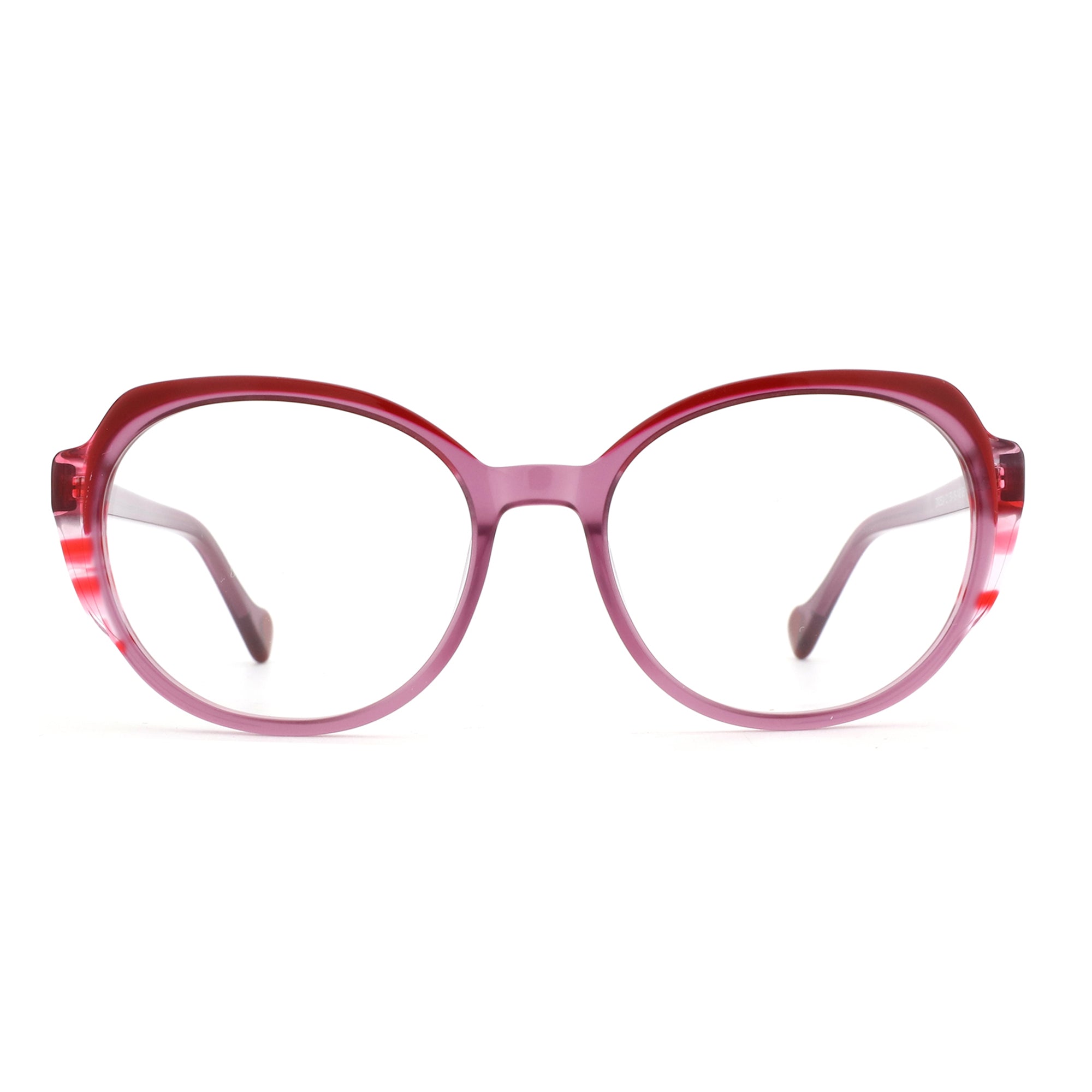 Zenottic Senorita geometric eyeglasses with translucent purple and red acetate frames and striped temples.