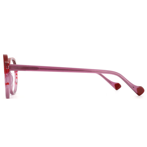 Side view of Zenottic Senorita geometric eyeglasses in pink acetate with red accent temple tips.
