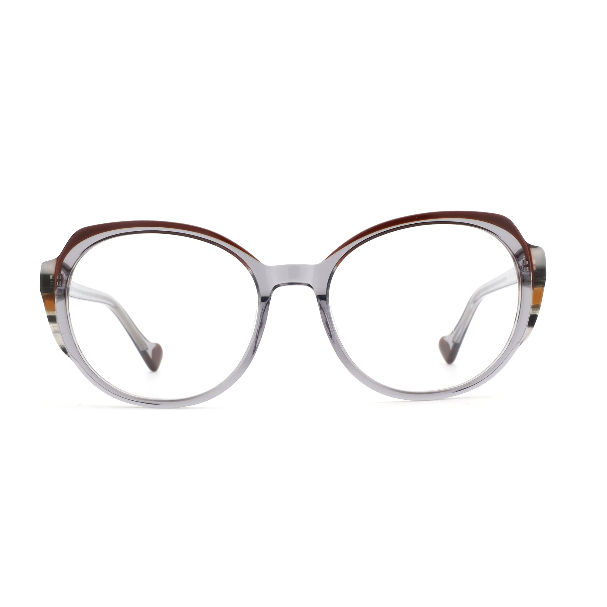 Zenottic Senorita geometric acetate eyeglasses with grey frame and brown accent.