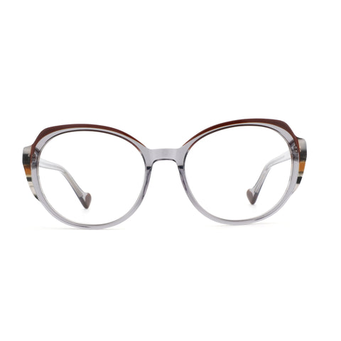 Zenottic Senorita geometric acetate eyeglasses with grey frame and brown accent.