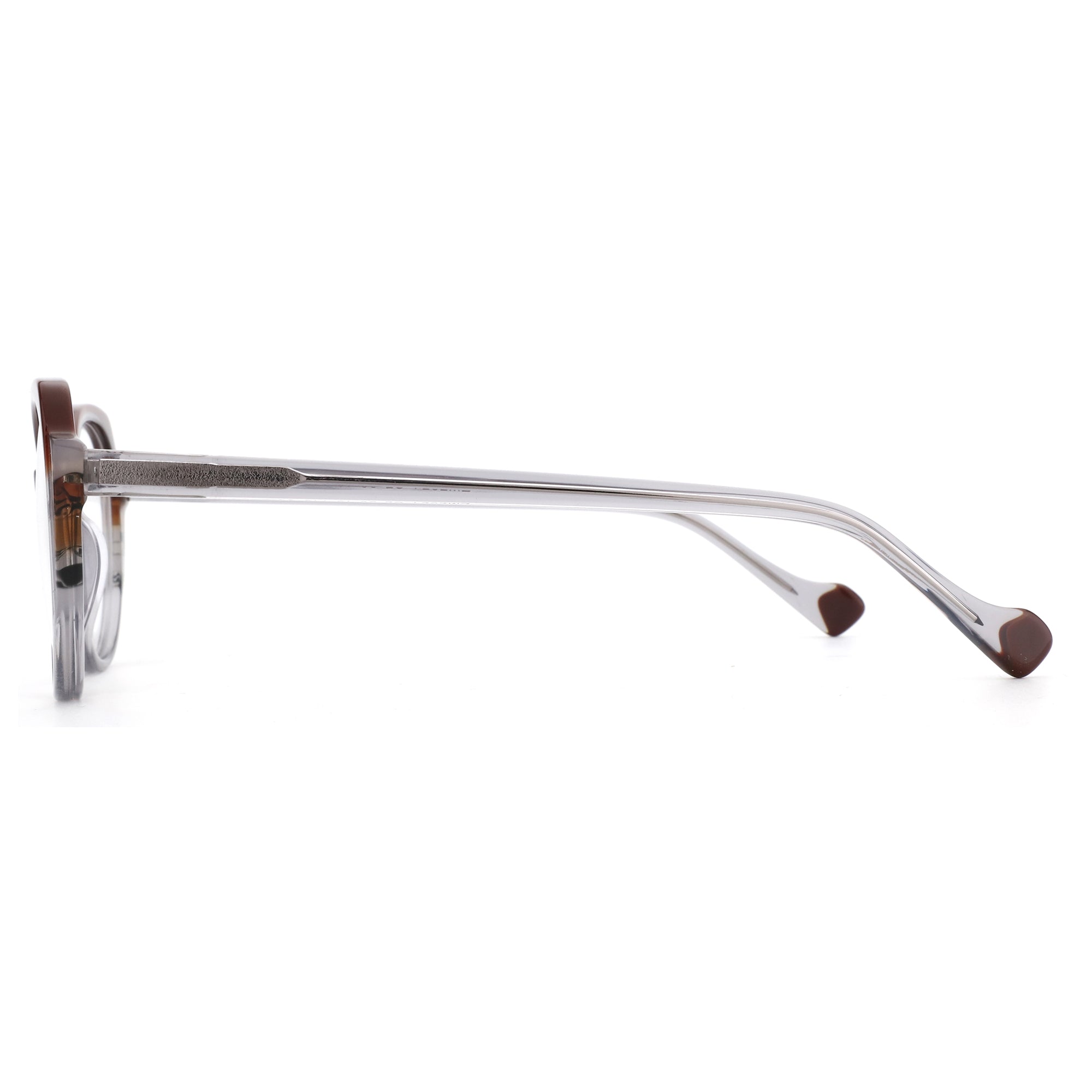 Zenottic Senorita eyeglasses: translucent grey geometric acetate frame, brown temple tips.