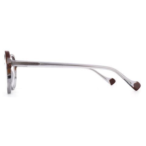Zenottic Senorita eyeglasses: translucent grey geometric acetate frame, brown temple tips.