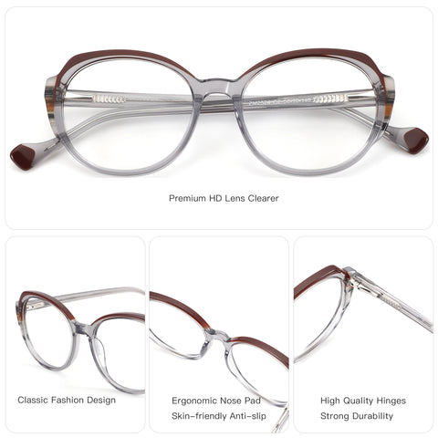 ZENOTTIC Senorita clear acetate geometric eyeglasses with brown accents.