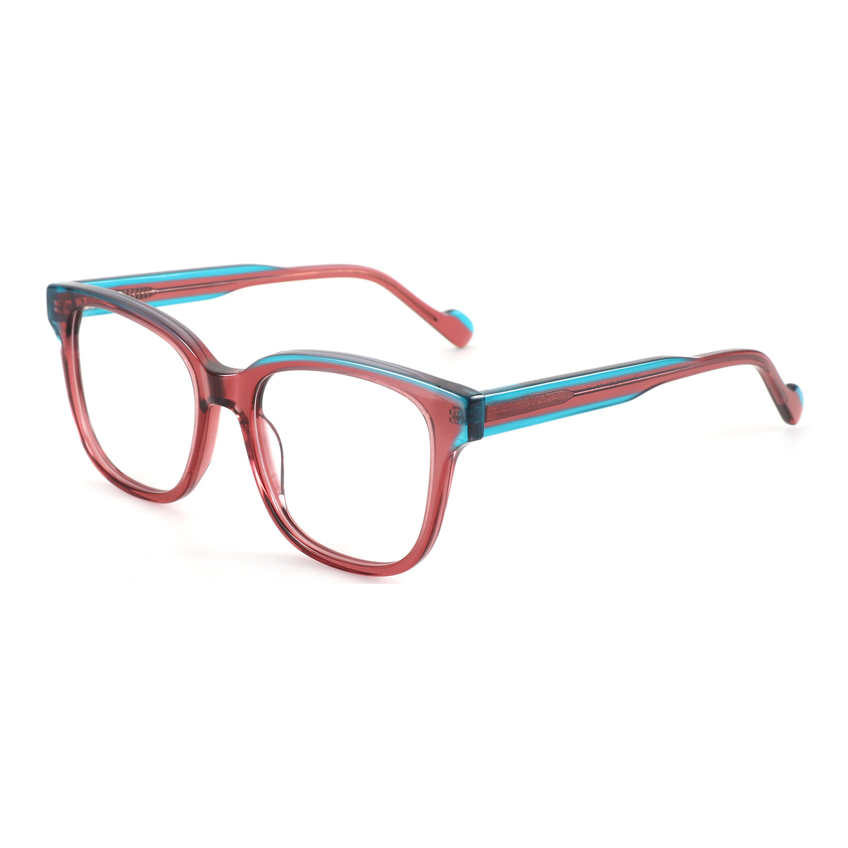ZENOTTIC Serendipity square acetate eyeglasses with red-brown frame and blue stripe detail.