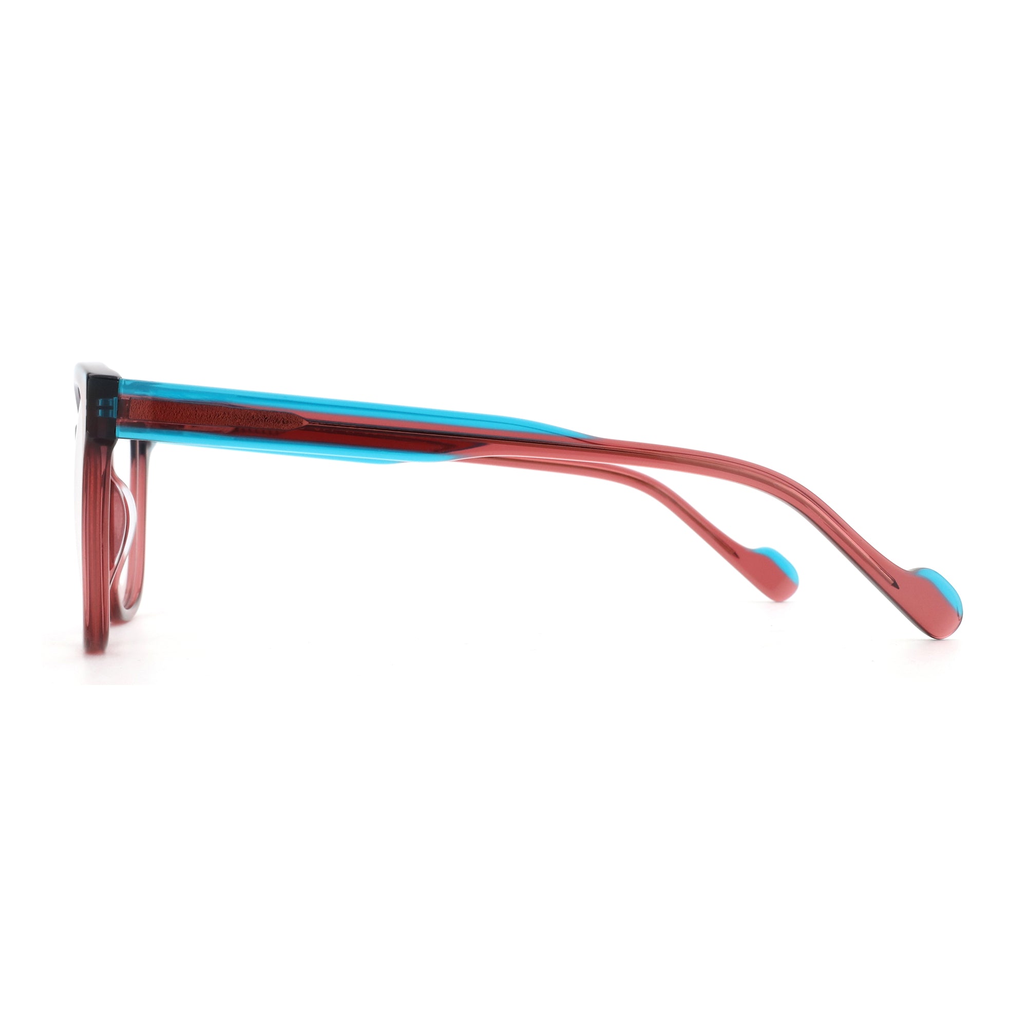 Zenottic Serendipity acetate eyeglasses, brown with blue accent, side view.