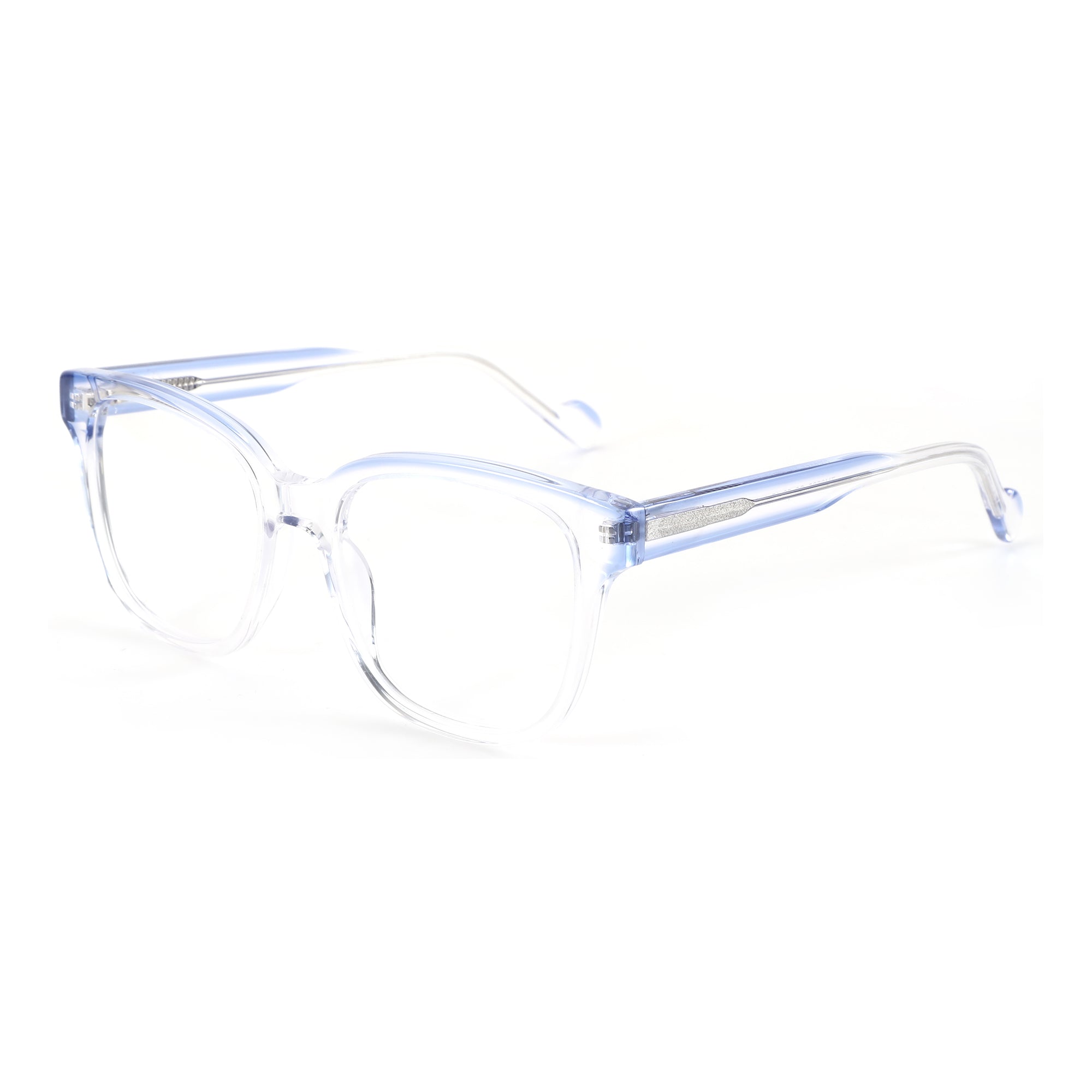 Zenottic Serendipity square acetate eyeglasses with blue translucent frames.