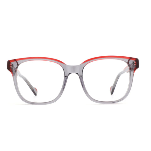 Zenottic Serendipity square acetate eyeglasses with clear lenses and red top rim.