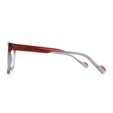 ZENOTTIC Serendipity fashion square eyeglasses, transparent grey acetate frame with red accents.