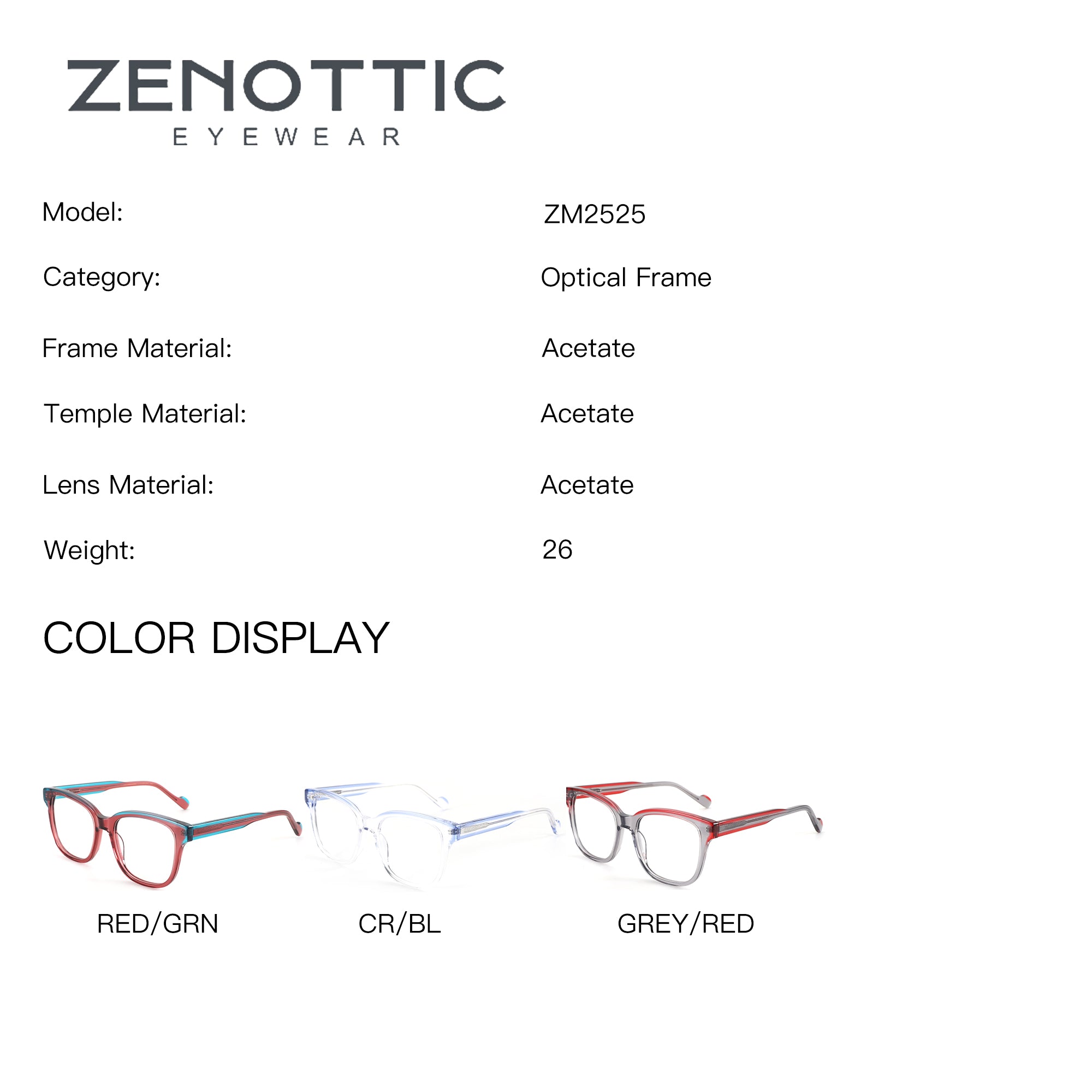 ZENOTTIC ZM2525 Serendipity acetate square frames in RED/GRN, CR/BL, GREY/RED.