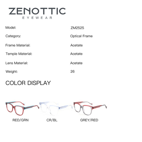 ZENOTTIC ZM2525 Serendipity acetate square frames in RED/GRN, CR/BL, GREY/RED.